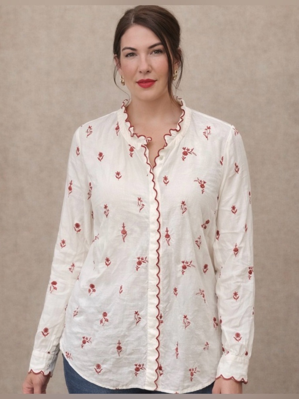 Talbots White Blouse with Rust Floral Embroidery and Scalloped Trim
